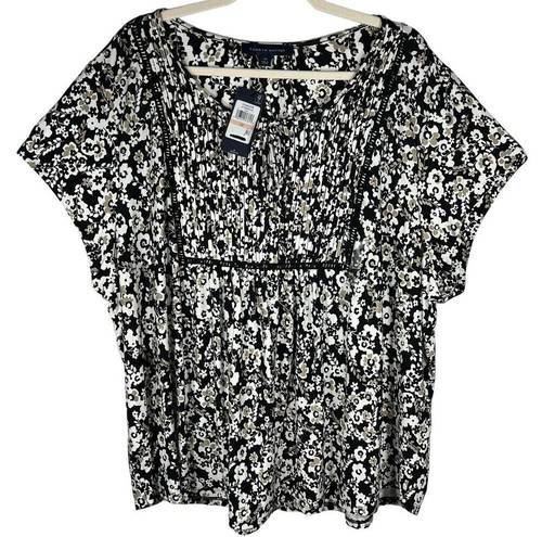 Tommy Hilfiger  Floral Pintuck Popover Top Women's Plus Size 2X Black Tan S/S NEW