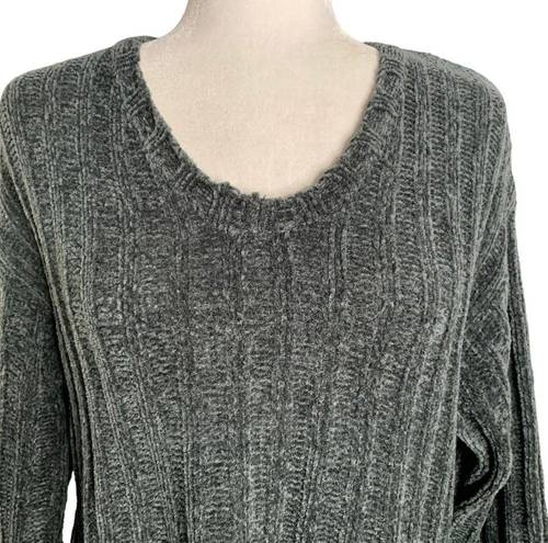 Reference Point Vintage 90s Chenille Cropped Sweater M Grey Cable Knit Long Sleeve Scoop Neck