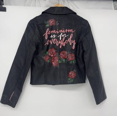 Missguided  Ultimate PU Biker Jacket  Feminism is for Everybody Print  Size 6