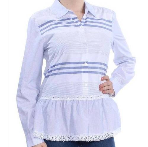 DKNY Peplum Top MEDIUM Ruffle Hem Blue & White Striped Half Button Long Sleeve