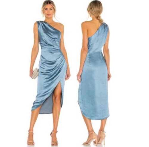 Elliatt | Cassini Cadet Blue Satin One Shoulder Midi Dress Rouched | Size Large