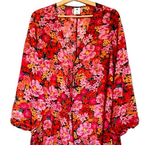 Shade & Shore NWOT  Floral Long Sleeve Deep V-Neck Maxi Kimono Cover Up Dress