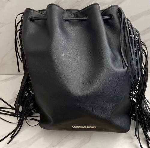 Victoria's Secret VICTORIA’S SECRET Black Fashion Show Faux Leather Fringe Drawstring Backpack