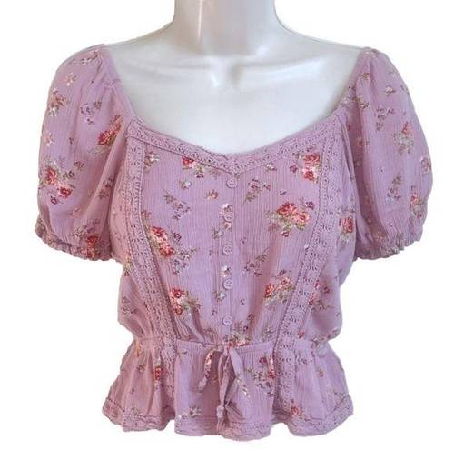 belle du jour  Pink Floral Crop Top Pullover Shirt Blouse XS V Neck Stretchy