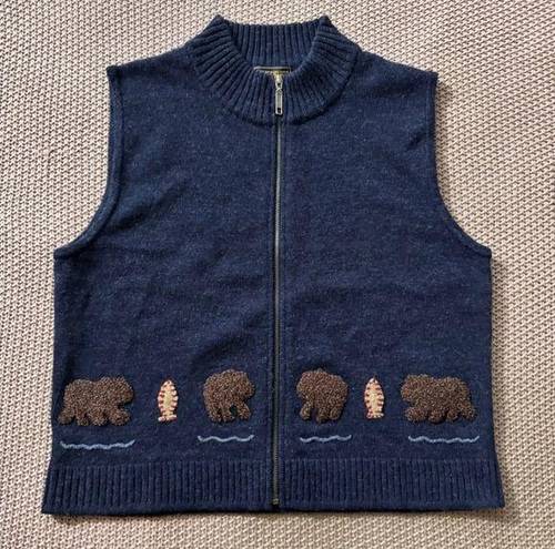 Woolrich  Women’s Vest Dark Indigo LambsWool Embroidered Bear Fish Sz Medium