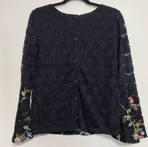 Solitaire  Black Floral Embroidery Lace Bell Sleeve