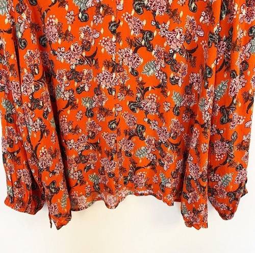 Jason Wu J  Long Sleeve Foil Print Woven Blouse w/ Lace Trim Size 2X Orange Red