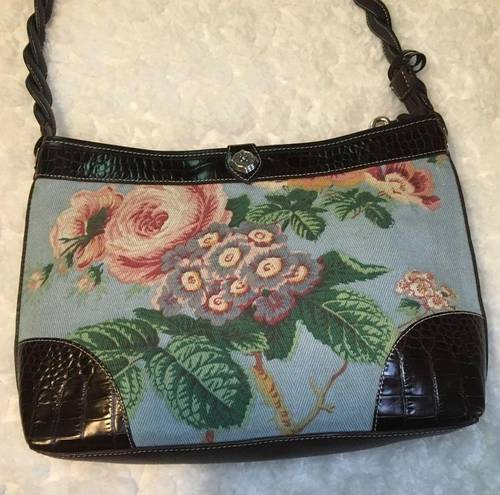 Brighton  Vintage Floral Tapestry Handbag Purse Bag Brown Leather Braided Tote