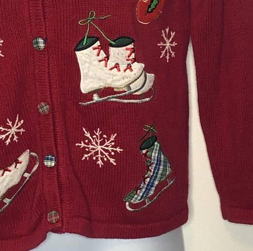 Basic Editions  Vintage Holiday Ice Skate Print Christmas Sweater Cardigan Small