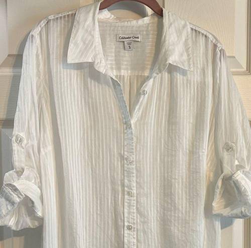 Coldwater Creek  Sheer White Pinstripe Shirt Button Up Tab Sleeve 1X 18 Plus Size