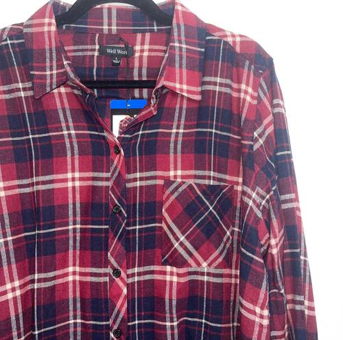 Well Worn NWT Red & Navy Blue Plaid Print Button Down Shirt