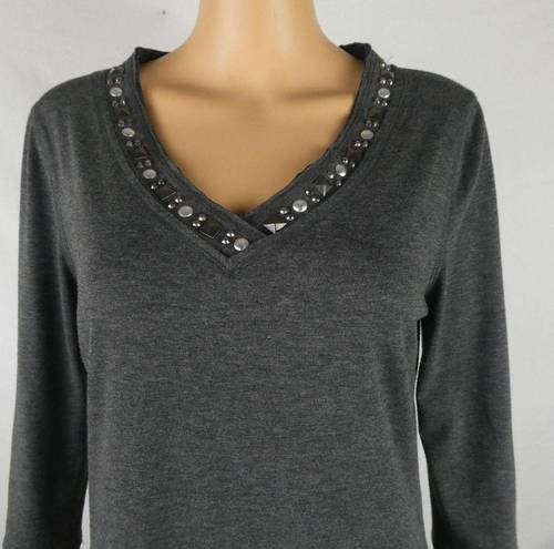 Alberto Makali  Grey V Neck 3/4 Sleeve Studded Rhinestone Blouse Embellished Med