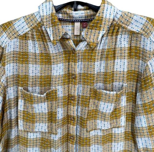 Pilcro  Anthropologie Blouse Womens S Yellow Plaid Blue Stitched Button Up Shirt