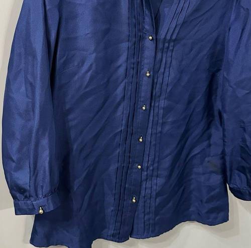 Buttons Elizabeth Mckay Blue Silk Blouse Pintuck Pleated Front Gold  Size 8