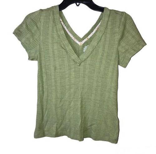 Pilcro  Anthro Ribbed Double V Neck Short Sleeve Shirt Green Small