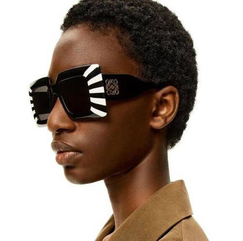 Loewe  Women's Black White Anagram Stripe Square Sunglasses Oversized Gold Logo