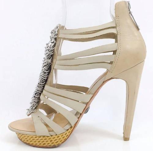 L.A.M.B. Leather Silver Coin Strappy Platform Heels