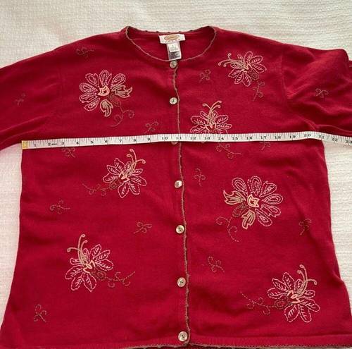 Talbots PL  Red Cardigan with Floral Embroidery