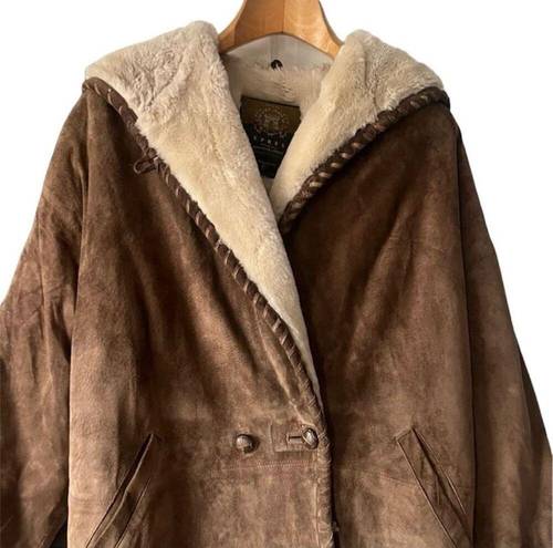 EXPRESS Vintage  Suede Leather Parka Jacket Hooded Faux Fur Lining Oversized OS