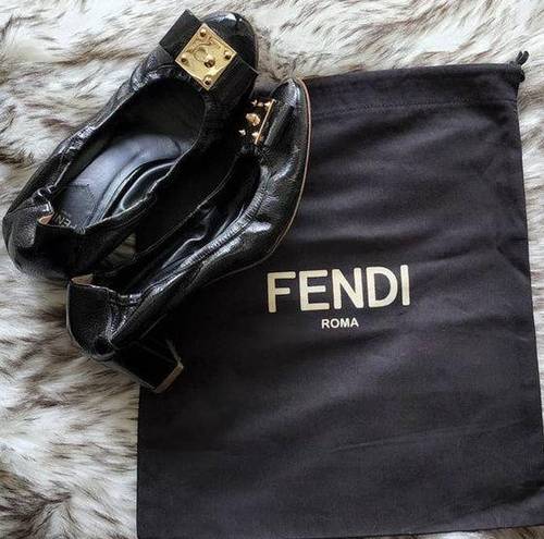 Fendi  Patent Logo-Bow Ballerina Pumps Black Size 36.5