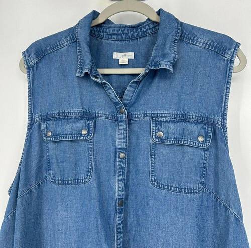 J.Jill  Denim Chambray Midi Shirt Dress Snap Front Sleeveless Pockets Size 3X