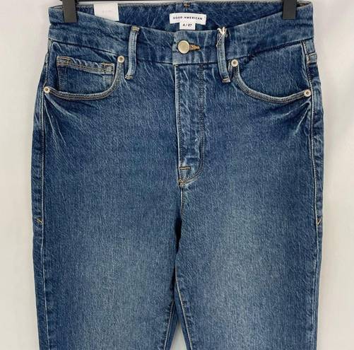 Good American New  Slim Straight High Rise Raw Hem Ankle Jeans Blue Size 4 / 27