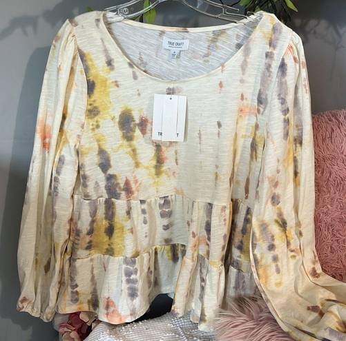 True Craft Ivory Tie Dye Tiered Top  Long Sleeve Cotton Blend Flowy Womens Medium