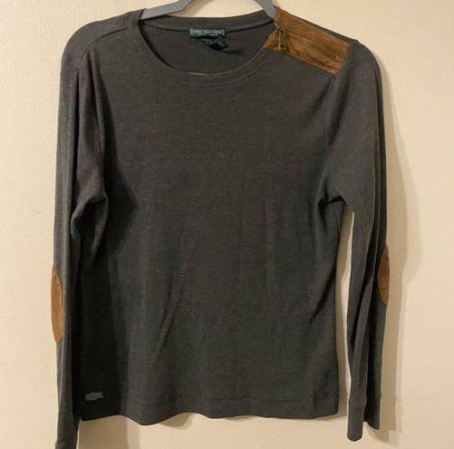 Krass&co Womens Lauren Jeans . Gray Long Sleeve Faux Leather Patch Blouse Size Large