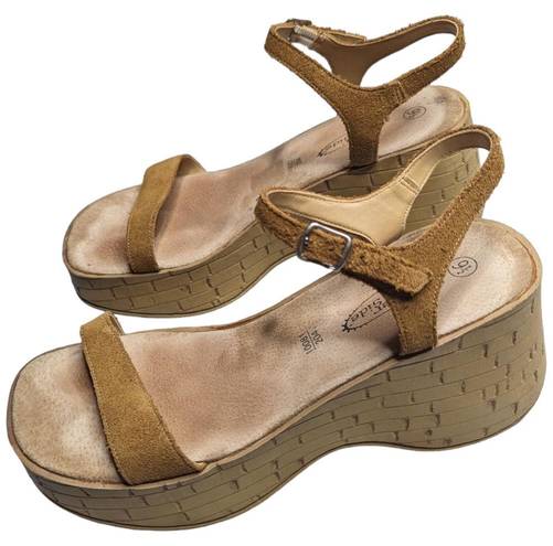 Lower East Side Vtg Y2K  Tan Suede Ankle Strap Chunky Wedge Platform Sandals 9.5