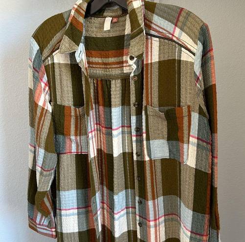 Pilcro  Anthropologie long viscose tunic button down plaid shirt dress with slit