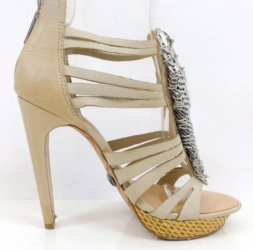 L.A.M.B. Leather Silver Coin Strappy Platform Heels