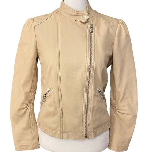 Rebecca Taylor  Womens Lamb Leather Moto Jacket Full Zip Long Sleeve Nude Cream 2