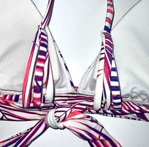 Raisin's NWT  Palm Leaf Print Triangle Bikini Top Strappy Tie Back White Pink Med.