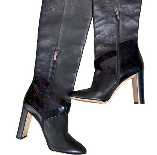 Jimmy Choo  Knee High Leather Pull On Heeled OTK Boots Black Size 38