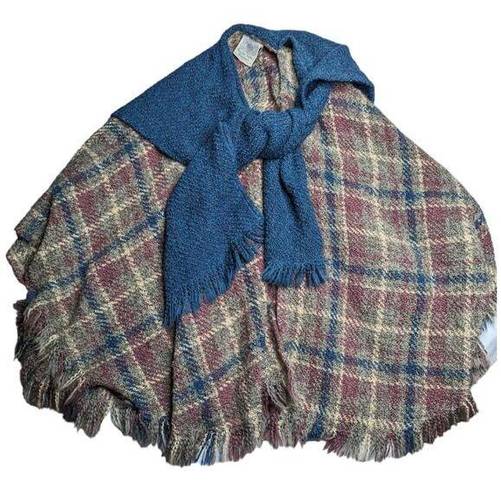 Vtg 1990s Boyne Valley Weavers Blue Gray Irish Wool Blend Plaid Poncho One Size Size XL