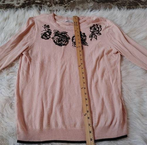 Elle  Size XL Extra Large Light Pink Sweater Beaded Preppy Chic Floral Rose Paste