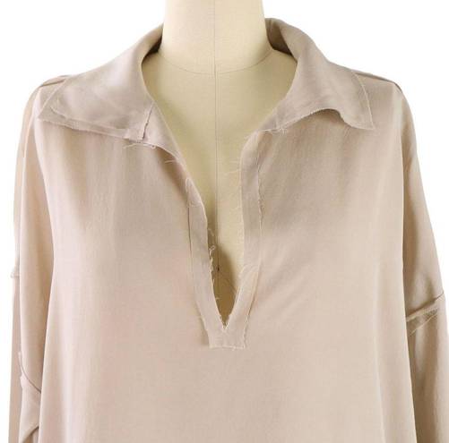 Edge LANVIN Silk Taupe Reversed Seam Raw  V-neck Blouse Top L/XL