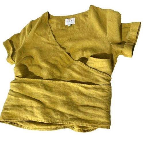 J.O.A. Wrap Front Linen Blend Crop Top Yellow/Green Medium