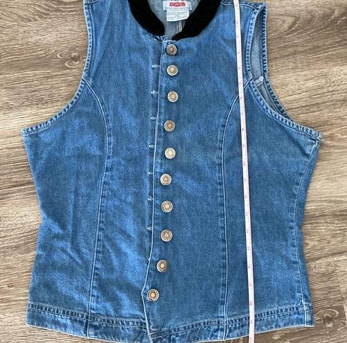 Vintage 90s button front blue denim vest with black velour collar small