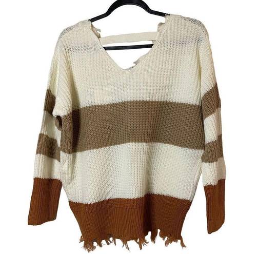 The Moon  & Madison Women's Striped Distressed‎ V-Neck Pullover Sweater Size XS