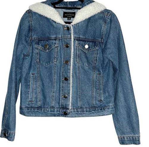 Haute Monde  Women's Denim Jacket, Faux Fur Hood Open Front Button Closure S NWOT