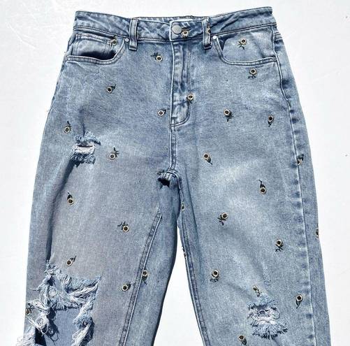 Daisy TINSEL Women’s High Rise Tapered Distressed  Embroidered Jeans size 28