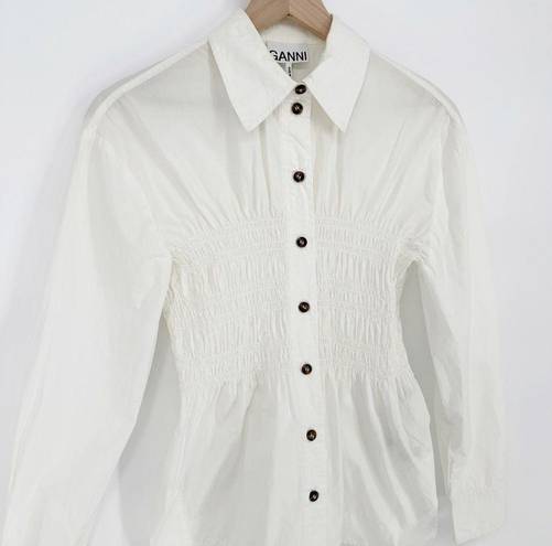 Ganni  Ruched Cotton Poplin Shirt Button Down Long Sleeve White Women's 34 US 4