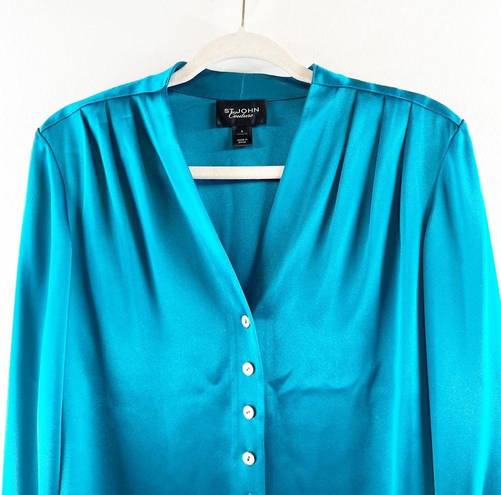 St. John  Couture Button Down Long Sleeve Silky Blouse Shirt Teal Blue 6