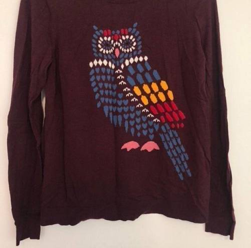 Loft ANN TAYLOR  Mosaic Owl Sweater Burgundy Maroon Graphic Lightweight Wool Etc