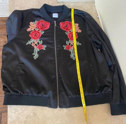 cupio  Floral Embroidered Bomber Jacket Satin Black Womens Size L Full Zip Retro