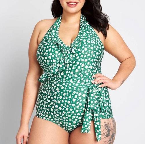 Modcloth  green ditzy floral printed ruffle one piece swimsuit