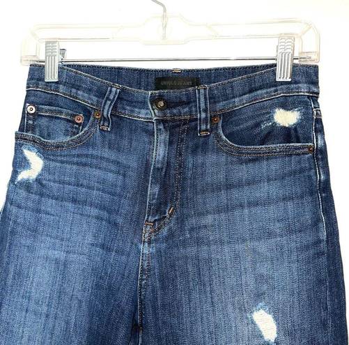 Uniqlo Dark Wash High Rise Distressed Boyfriend Straight Leg Jeans