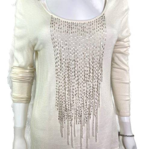 Natori Josie  Beaded Sequin Blouse Fringe Knit Top Long Sleeve‎ Women's Size M