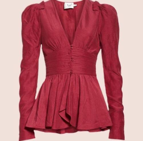 Rebellion Aje  Tucked Peplum V-Neck Long Sleeve Corset Top in Magenta